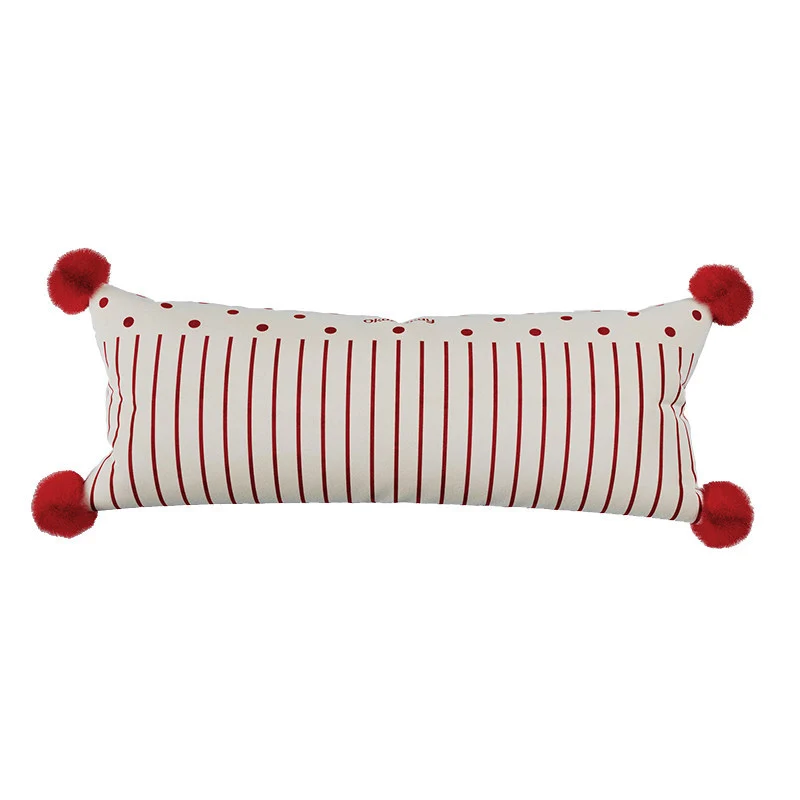 Decorative Long Lumbar Cushion Cover with Striped and Polka Dot Print and Corner Pom-Poms