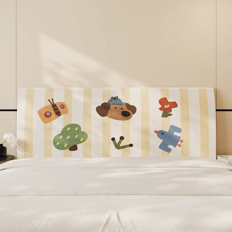 Decorative Headboard Cover Slipcover with Printed Puppy Motif and Polka Dot Microfiber Fabric