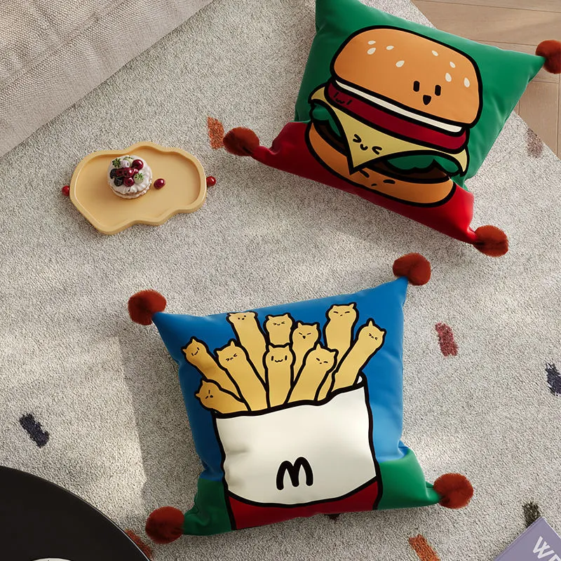 Decorative Cartoon Fries-Cats Square Throw Pillow Cover with Pom-Pom Tassel Corners