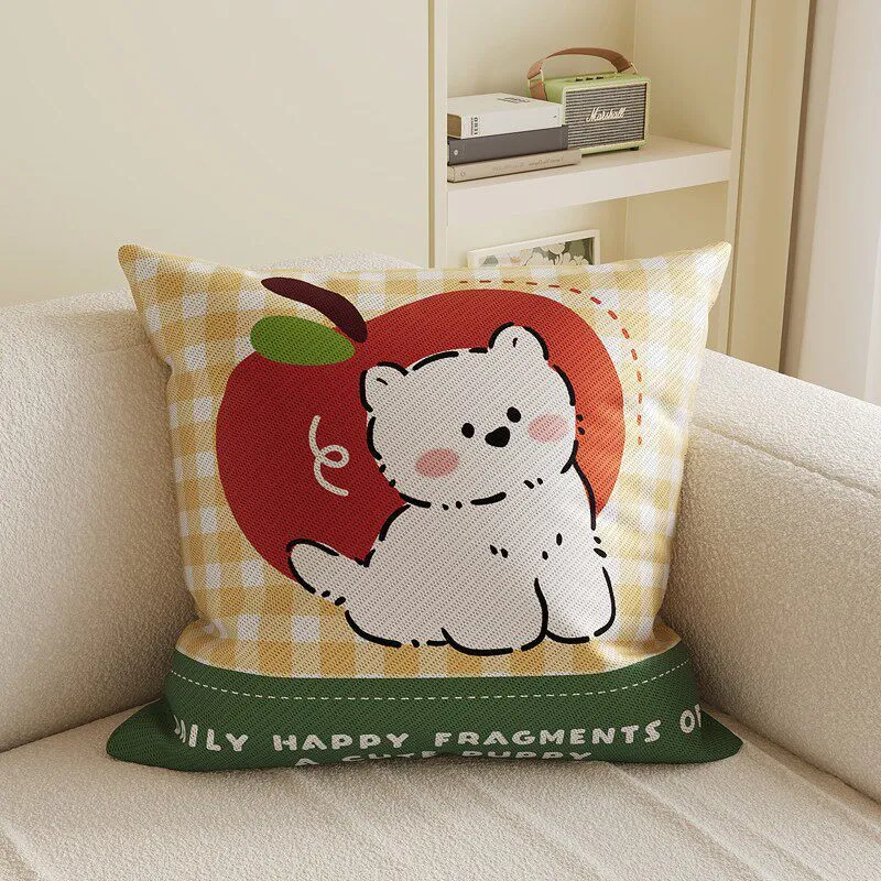 Cartoon Puppy Gingham Square Throw Pillow Cover with Hidden Zipper Linen-Blend Texture