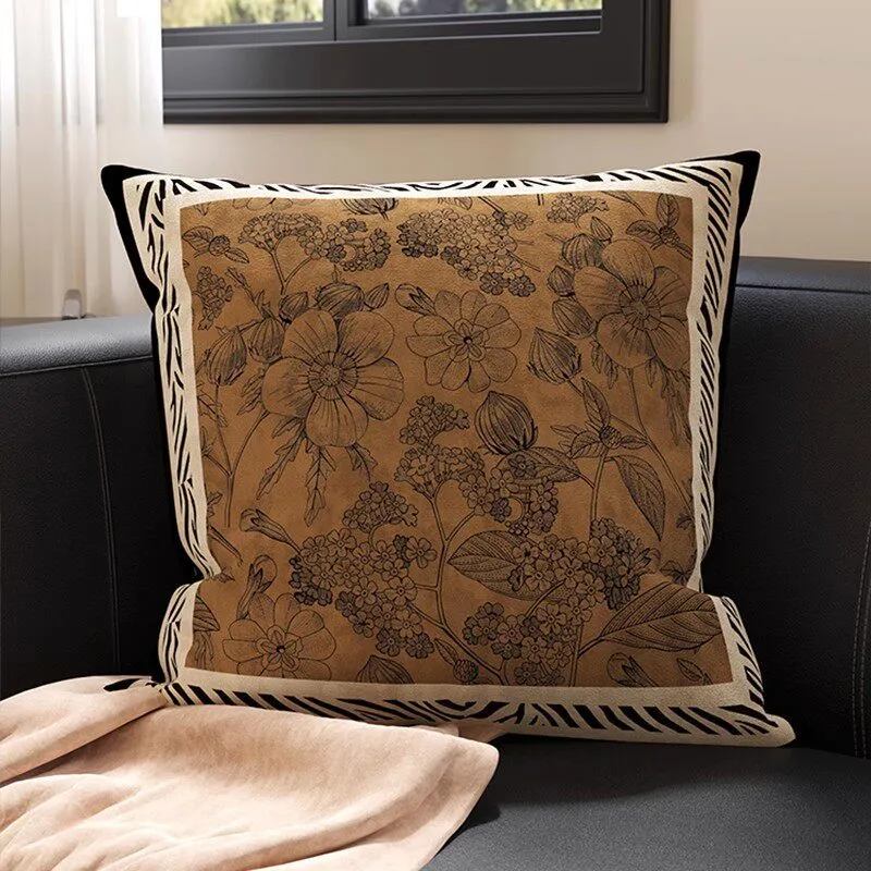 Botanical Sketch Velvet Square Throw Pillow Cover with Zebra-Trim Hidden Zipper