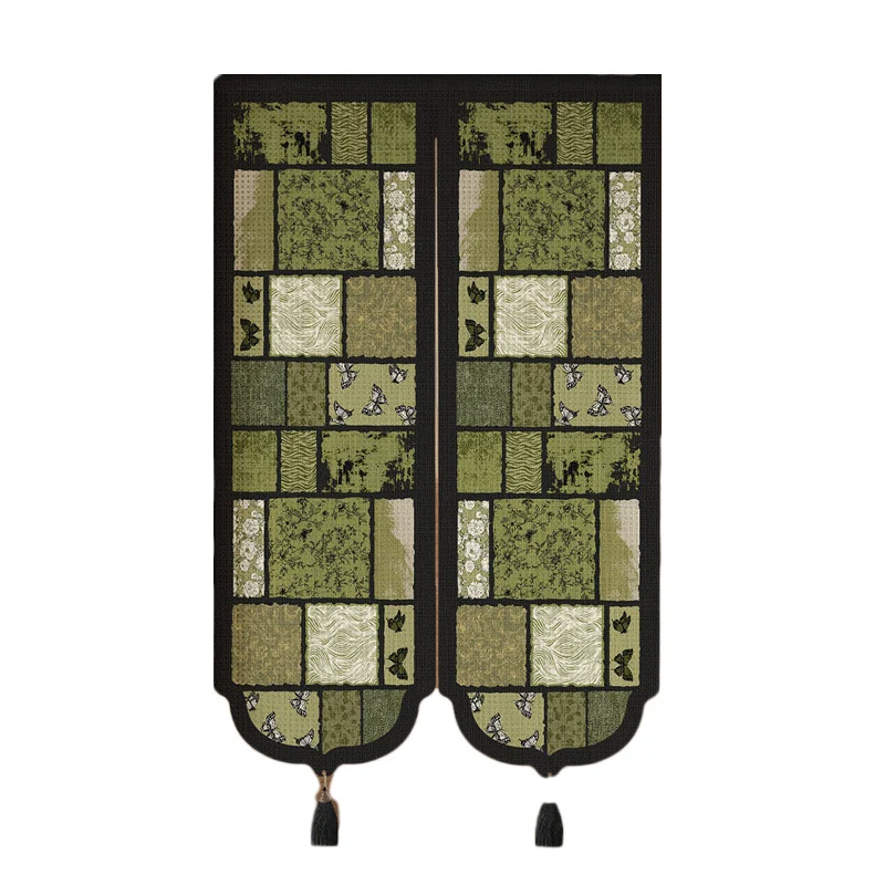 Botanical Patchwork Split-Panel Noren Doorway Curtain with Weighted Tassels