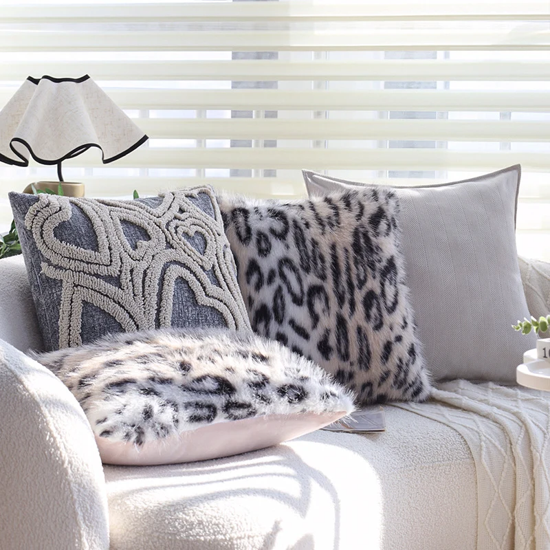 Reversible faux fur and textured cushion cover with leopard print and concealed zipper Stornfield