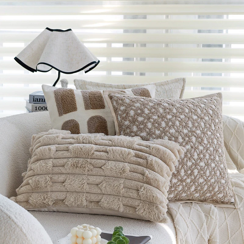 Soft rectangular decorative pillow made of faux fur with ribbed texture Stornfield