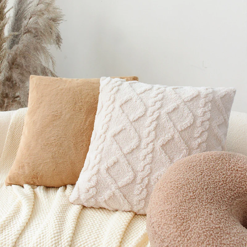 Soft square decorative cushion with embossed diamond pattern made of synthetic fur Stornfield