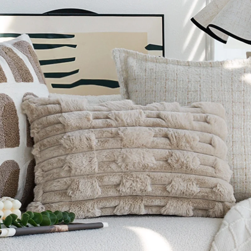 soft decorative faux fur cushion rectangular with textured stripe and dot appearance Stornfield