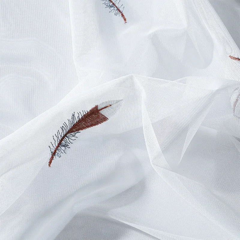 Transparent Voile Curtain with Fine Feather Embroidery and Wavy Lace Edge Stornfield