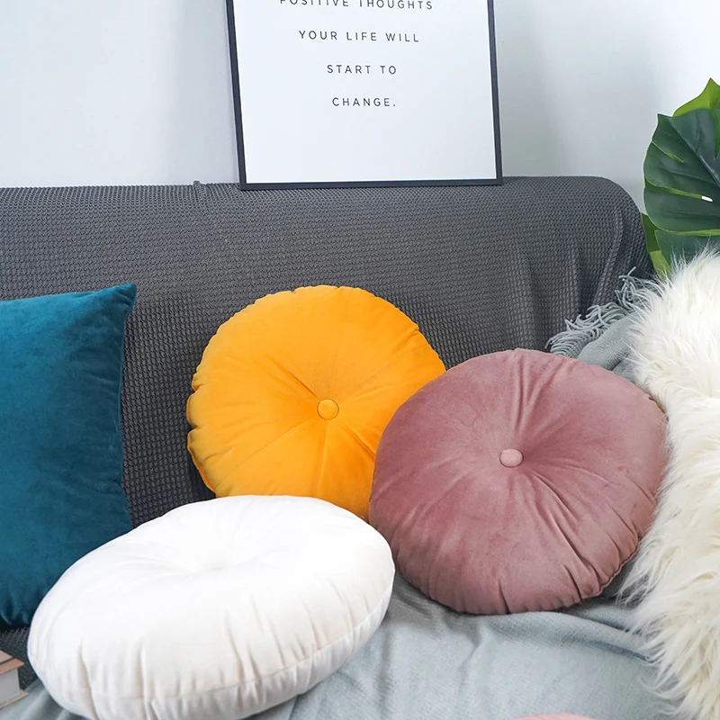 Round decorative velvet seat cushion with button center detail and extra soft plush cover Stornfield