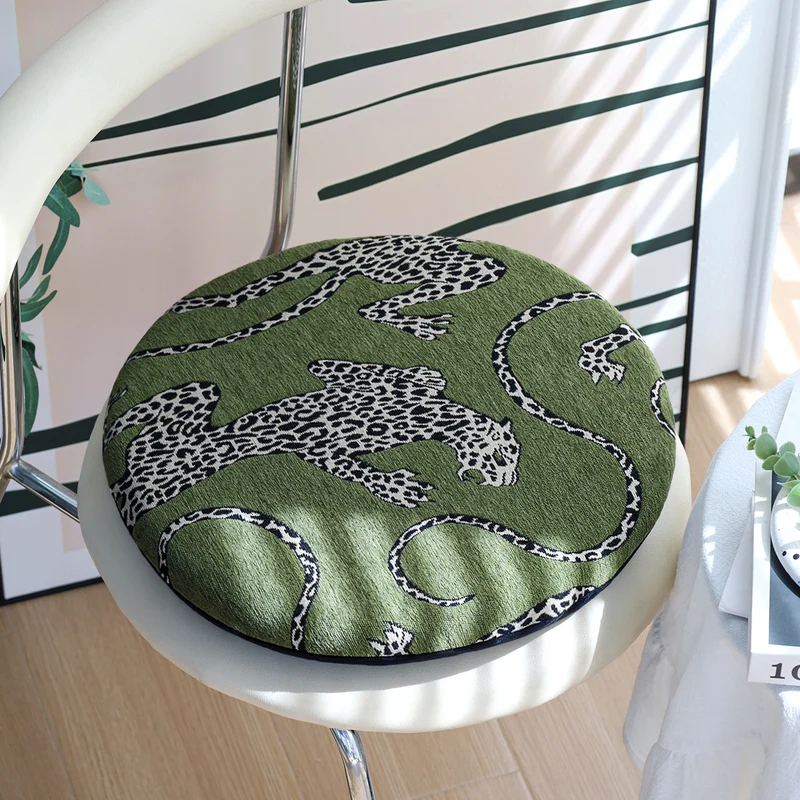 Round chair cushion cover with woven leopard jacquard and elastic hem Stornfield