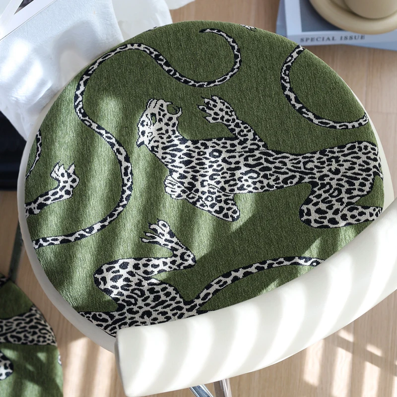 Round chair cushion cover with woven leopard jacquard and elastic hem Stornfield