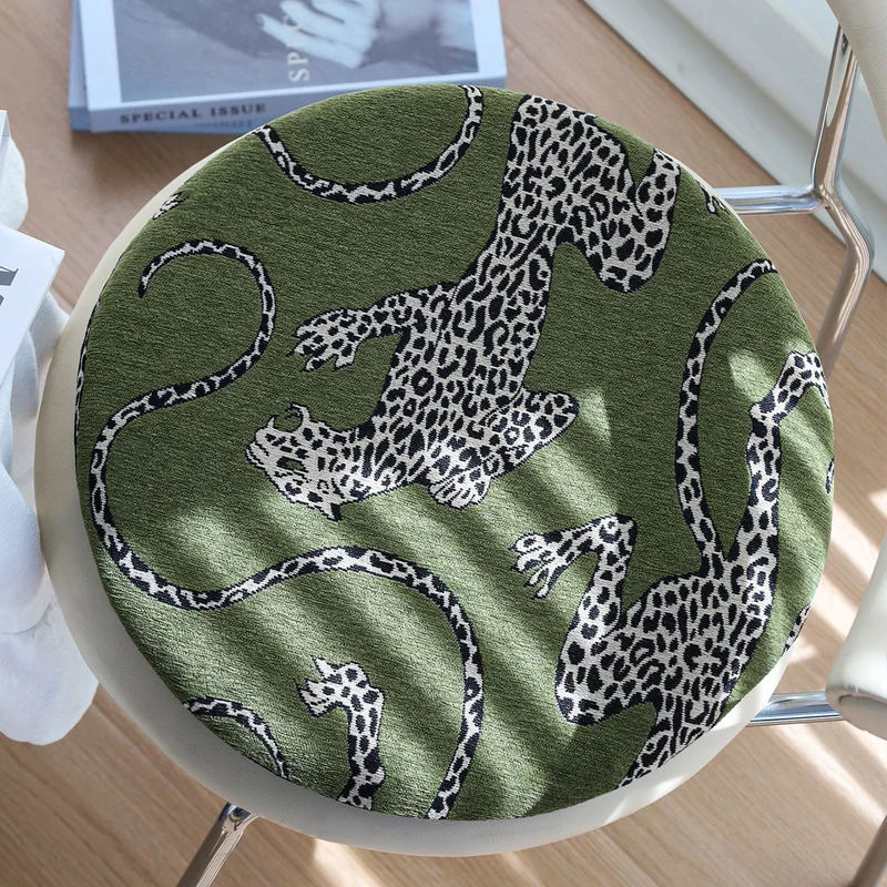 Round chair cushion cover with woven leopard jacquard and elastic hem Stornfield