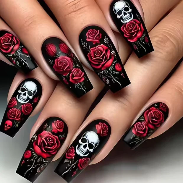 Artistic Skull and Rose Nail Art Design Stornfield