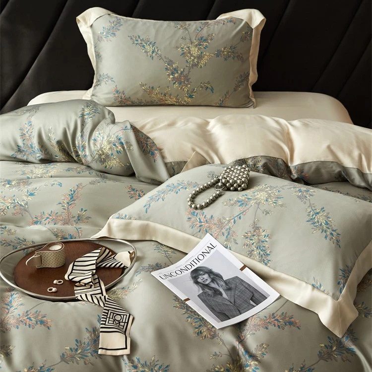 Luxurious satin bedding set with geometric jacquard pattern and satin trim Stornfield