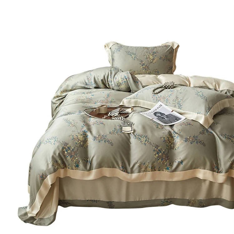 Luxurious satin bedding set with geometric jacquard pattern and satin trim Stornfield