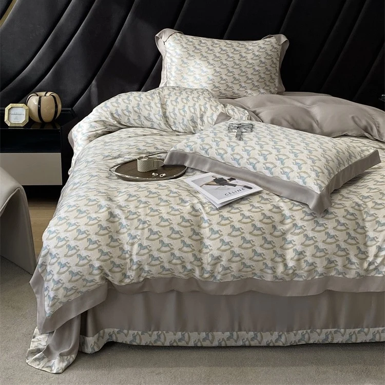 Luxurious satin bedding set with geometric jacquard pattern and satin trim Stornfield