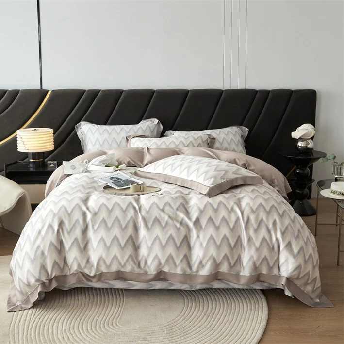 Luxurious satin bedding set with geometric jacquard pattern and satin trim Stornfield