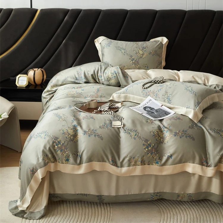 Luxurious satin bedding set with geometric jacquard pattern and satin trim Stornfield