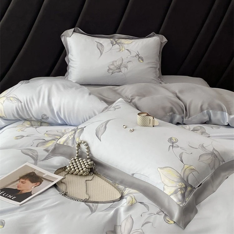 Luxurious satin bedding set with geometric jacquard pattern and satin trim Stornfield