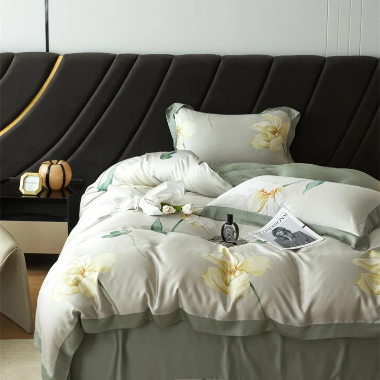 Luxurious satin bedding set with geometric jacquard pattern and satin trim Stornfield