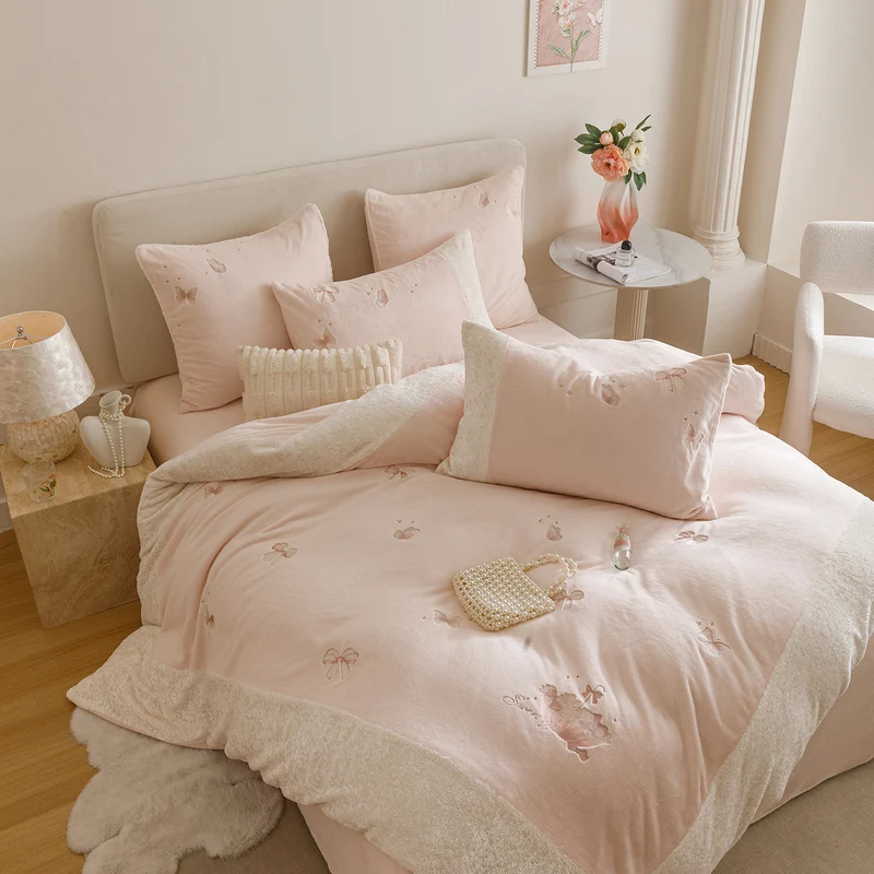 Cozy bedding set with embroidered butterflies and teddy fleece trim Stornfield