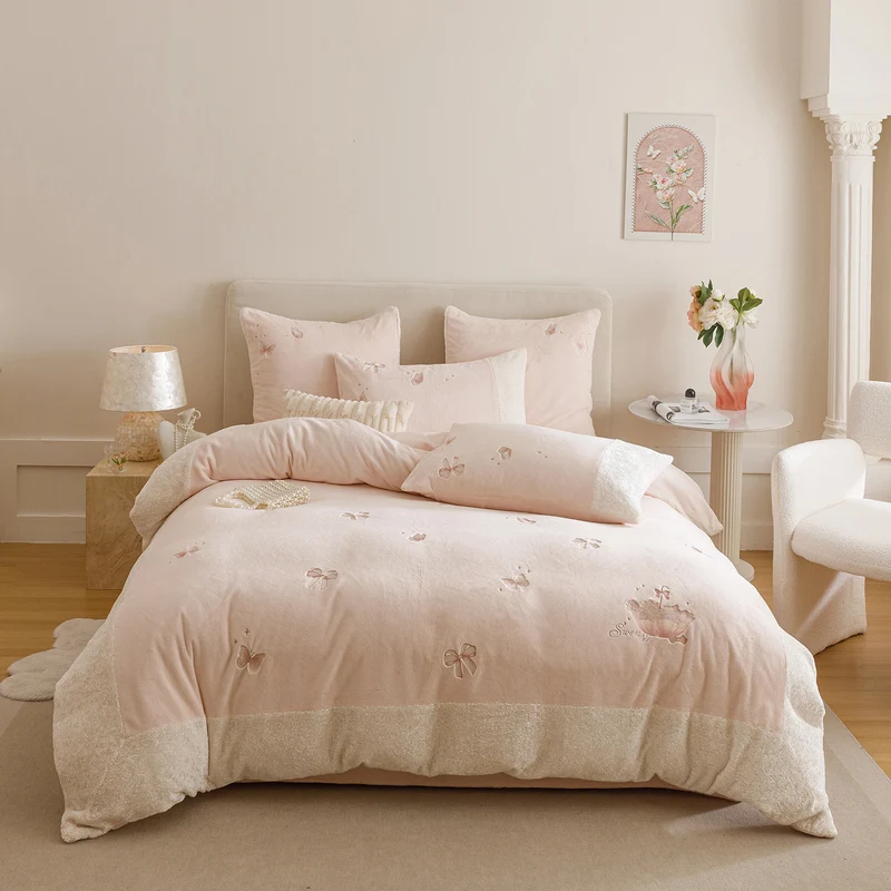 Cozy bedding set with embroidered butterflies and teddy fleece trim Stornfield