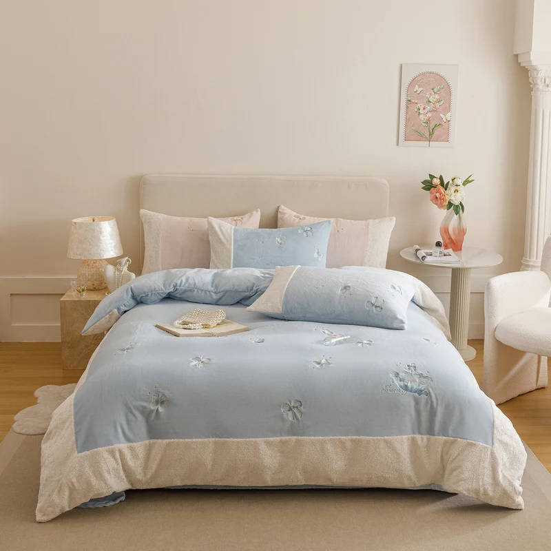 Cozy bedding set with embroidered butterflies and teddy fleece trim Stornfield