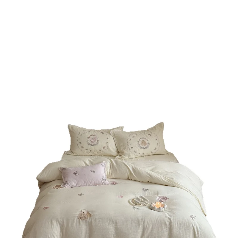 Embroidered cotton bed linen set with vintage roses and frill edges Stornfield