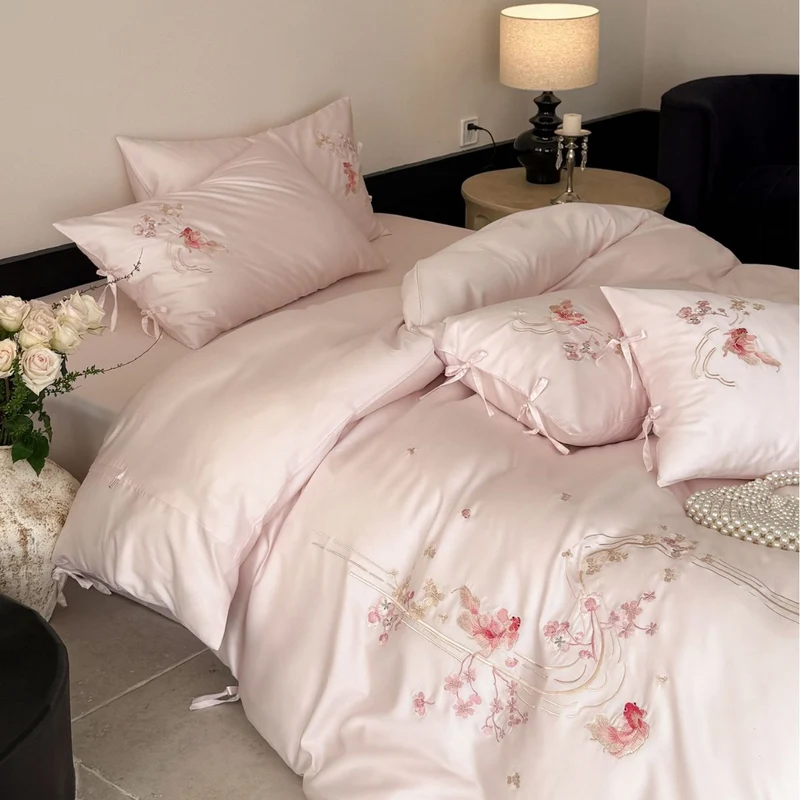 Fine silk satin bedding set with delicate floral embroidery and ties Stornfield