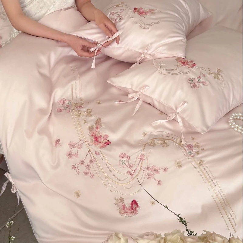 Fine silk satin bedding set with delicate floral embroidery and ties Stornfield