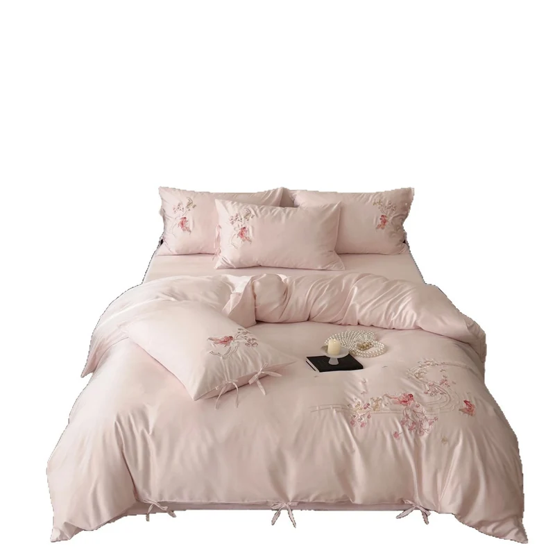 Fine silk satin bedding set with delicate floral embroidery and ties Stornfield