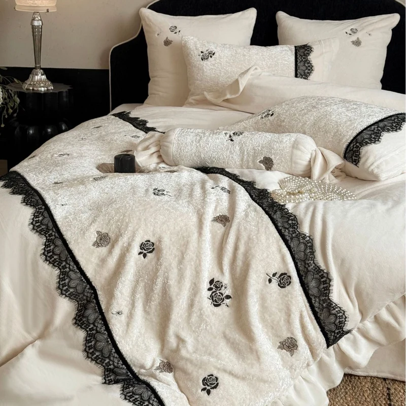 Bed linen set made of cotton satin and velvet mix with lace trim & frill Stornfield
