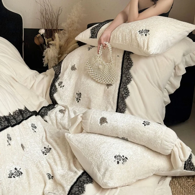 Bed linen set made of cotton satin and velvet mix with lace trim & frill Stornfield