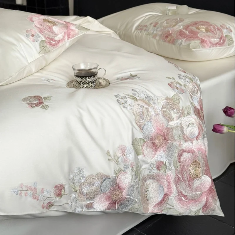 Embroidered satin bedding set with floral relief embroidery and silky finish Stornfield